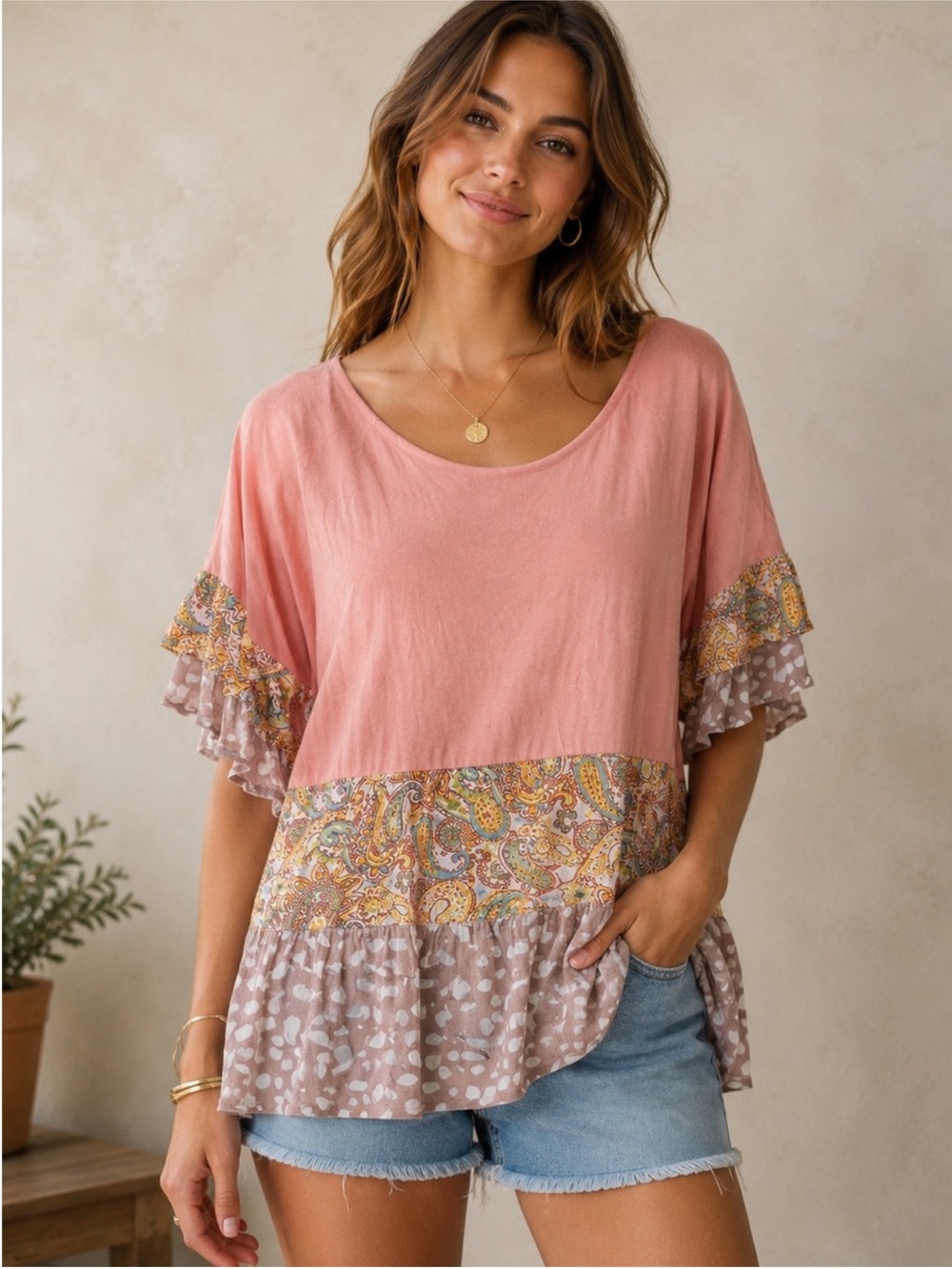 Umgee Dusty Pink Paisley Trim Flutter Sleeve Tunic
